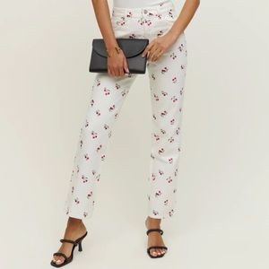 Reformation Embroidered High Rise Straight Jeans with in White with Cherries